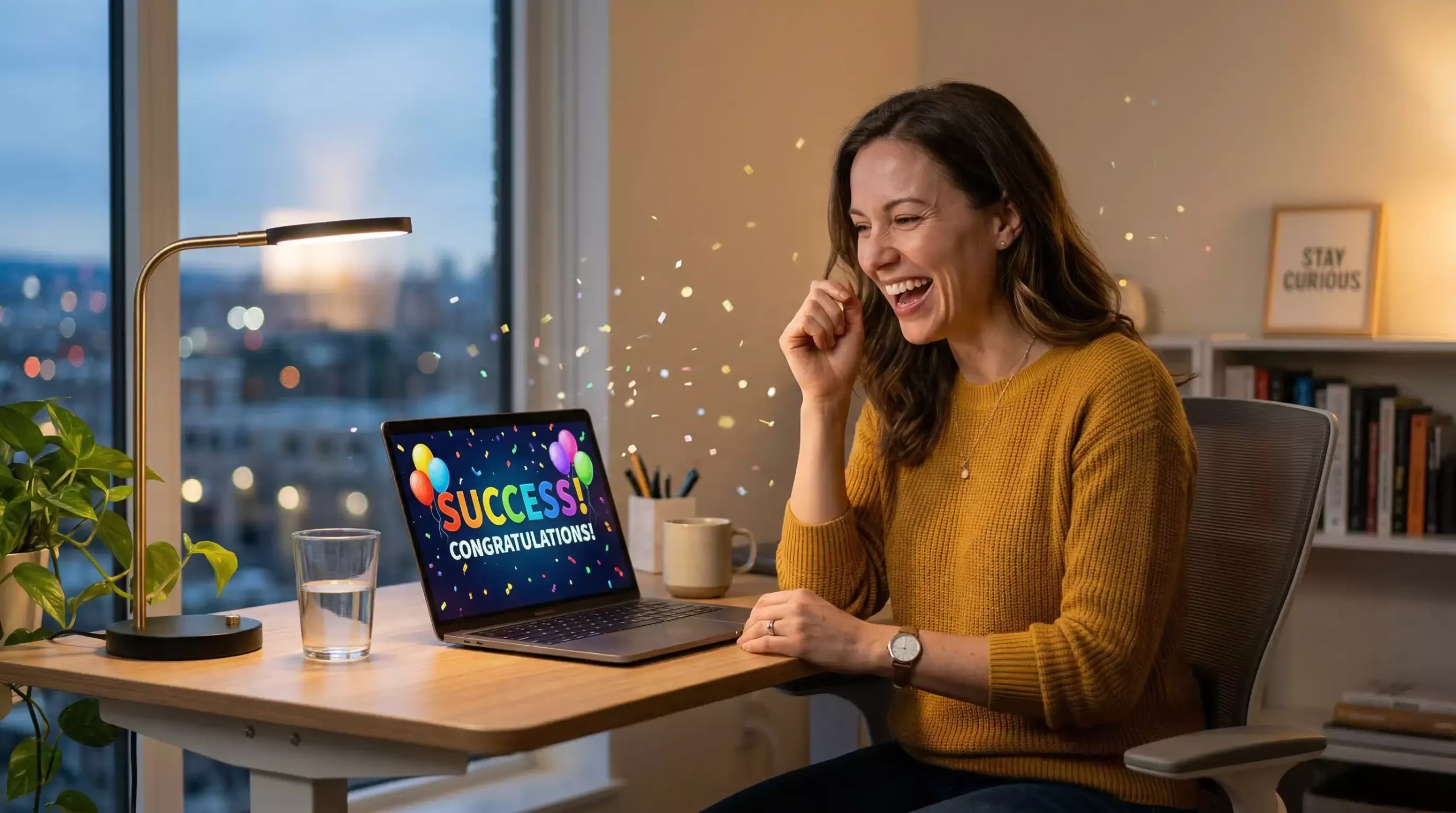 Sweepstakes casino player celebrating winning prizes on laptop